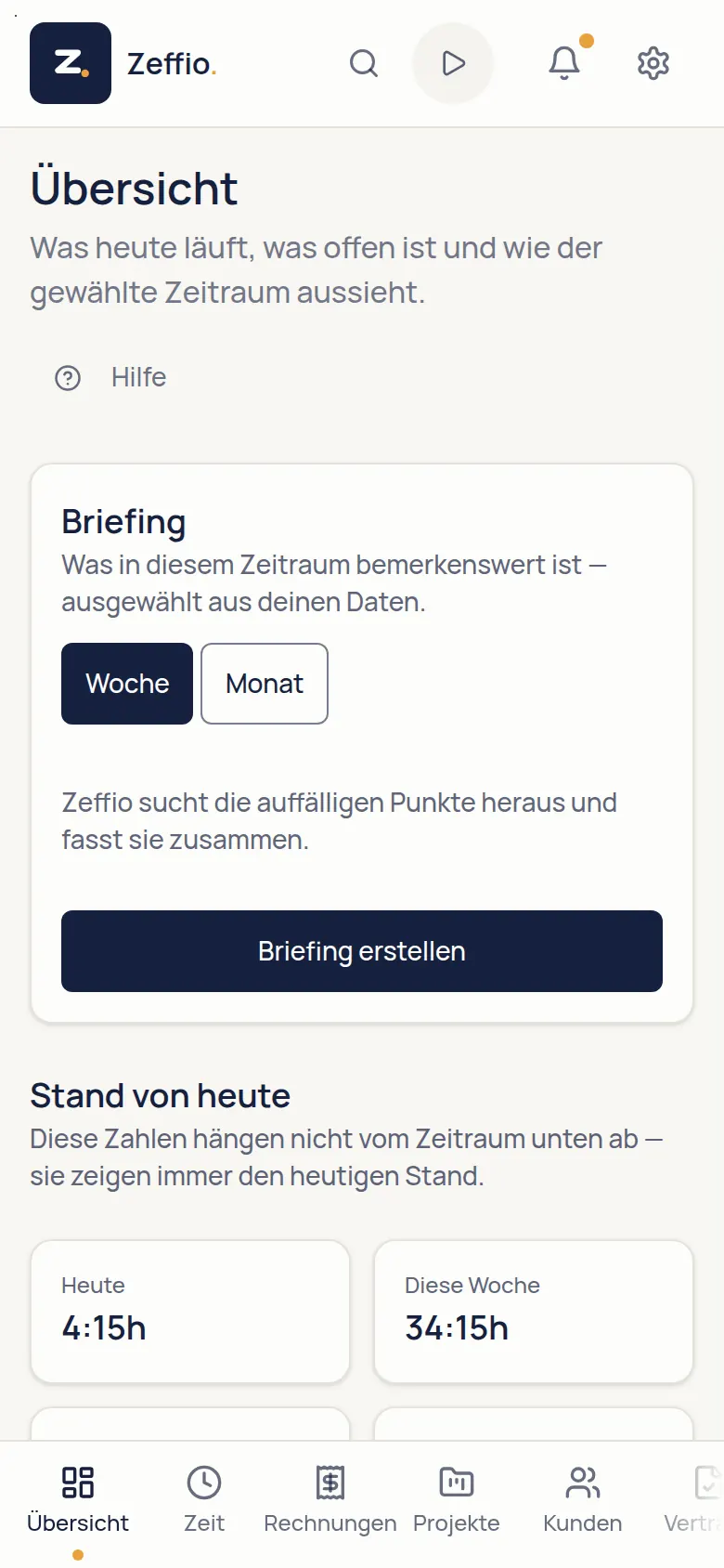 Zeffio auf dem Smartphone mit laufendem Timer und den Kennzahlen der Woche