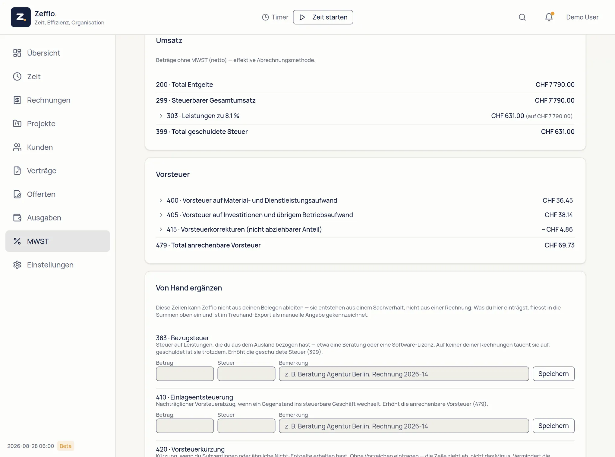 MWST-Abrechnung mit ESTV-Ziffern, Methode, Periodenauswahl und aufklappbaren Belegen